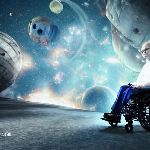 Image similar to Stephen Hawking in his wheelchair floating in completely dark outer space, digital art, trending on ArtStation, 3d rendered in octane, blender, epic lighting, highly detailed, smooth, Unreal Engine 5, cinematic, 8k, 4k