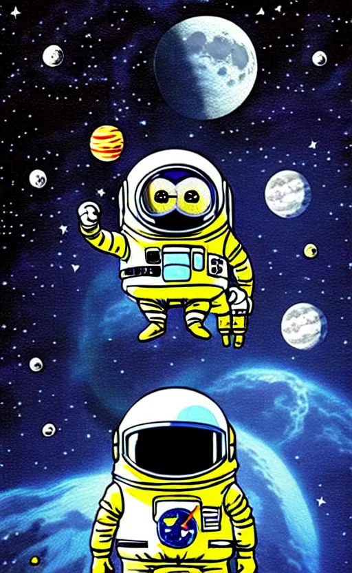 Prompt: Astronaut Minion on the outer space floating drawn by Kim Jung Gi, fancy, characteristic, moon, planets, black hole
