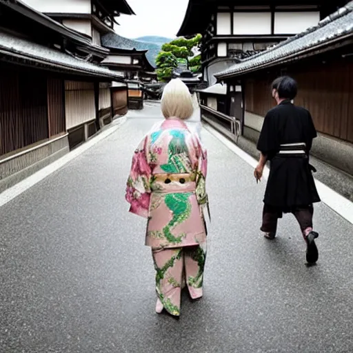 Image similar to a realistic photo of 2 japanese demons walking through kyoto, scary, realistic, high detail,