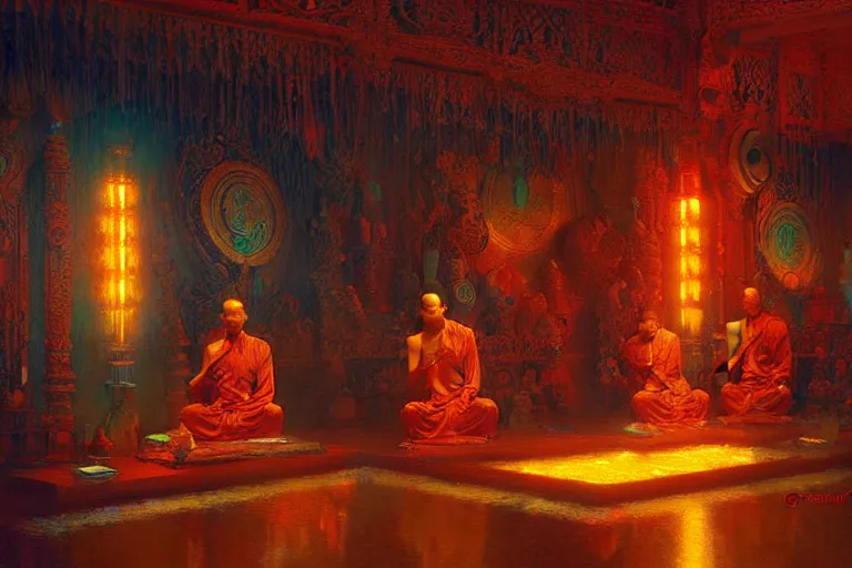 Prompt: buddhism, neon light, painting by gaston bussiere, greg rutkowski, jean giraud