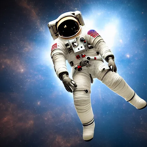 Image similar to photograph of an astronaut in space, singular light source from below, only suit legs and arms illuminated, full body photo, 8 k