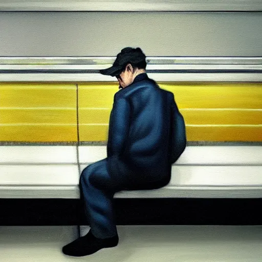 Prompt: a beautiful painting of a man sitting in a subway seat, rutkowski, realism, cinematic lighting