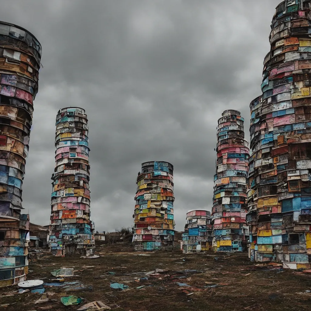 Image similar to close - up view of a circular tower made up of colourful makeshift squatter shacks, bleached colours, moody cloudy sky, dystopia, mamiya, very detailed, photographed by cristina de middel