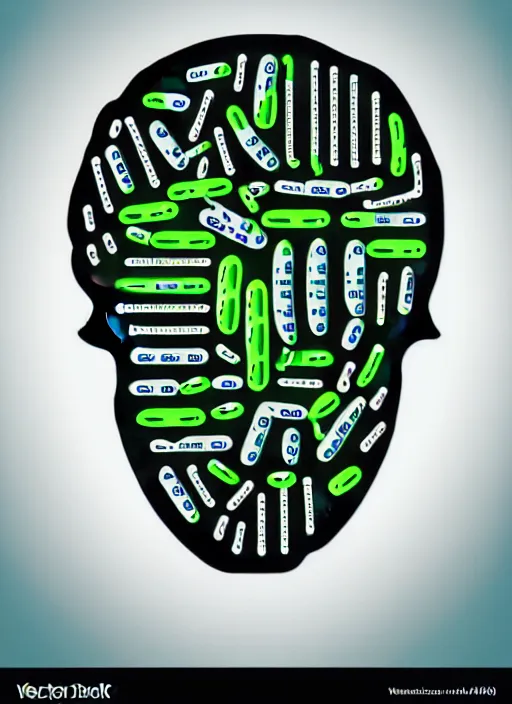 Prompt: digital illustration, brain, pills, vector typography logotype, white and black and blue and green colors, y 2 k aesthetic, graphic design