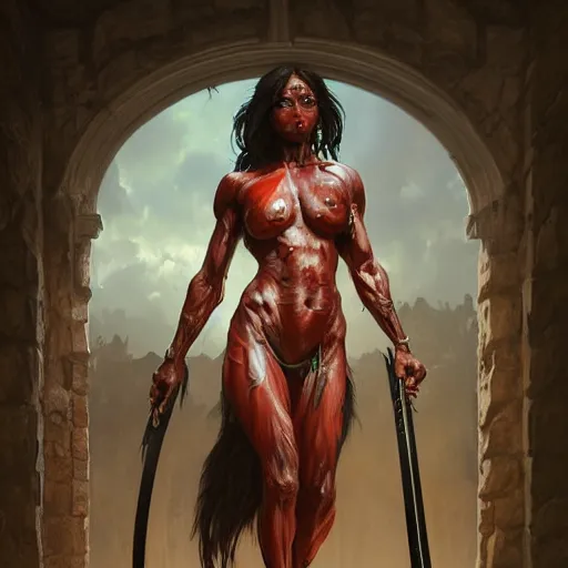 Image similar to wide painting of dark muscular oiled bengoli woman, bloody, carrying a sword, symmetric, veins, ultra realistic, concept art, intricate details, eerie, highly detailed, photorealistic, octane render, 8 k, unreal engine. art by artgerm and greg rutkowski and alphonse mucha