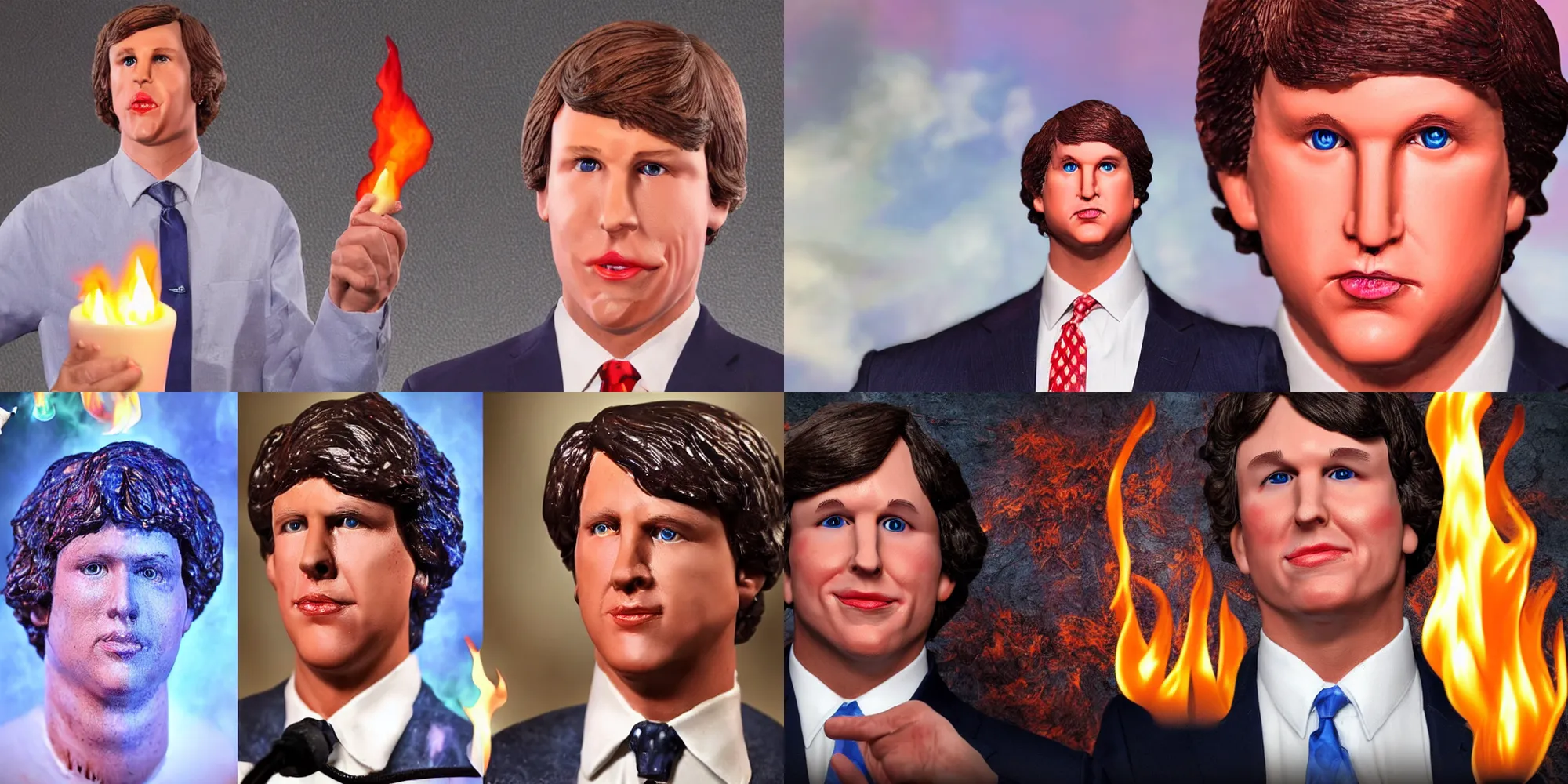 Prompt: hyperrealistic sweaty wax figure of tucker carlson candle wick flame melting, dripping wax, bad acid trip, surreal, bizarre, disturbing, horror, trippy