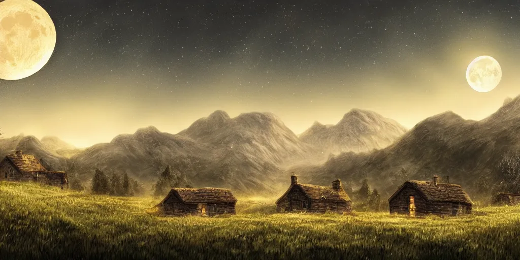 Prompt: Skeleton infested fields with large mountains in the distance, small cottage in the foreground, nighttime, moon in the night sky, landscape wallpaper, d&d art, fantasy, painted, 4k, high detail, sharp focus