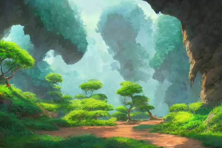 Prompt: natural arches covered with small trees growing out of it, sunny day, long shot, matte painting, digital art, in the style of studio ghibli, vivid colors, highly detailed, 8 k, establishing shot, smooth, trending on artstation, illustration, realistic