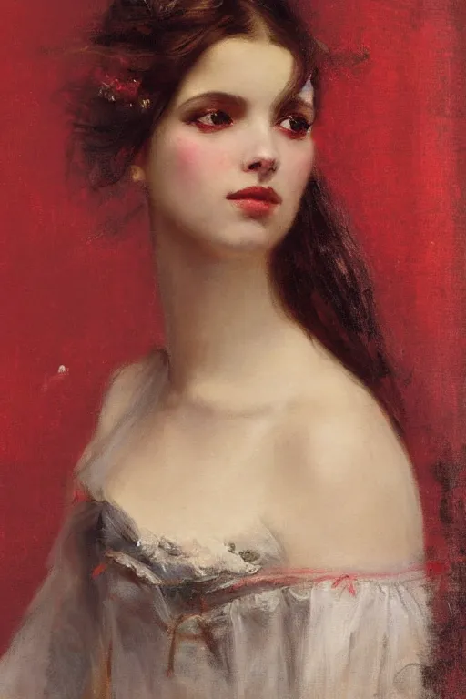 Image similar to Solomon Joseph Solomon and Richard Schmid and Jeremy Lipking victorian genre painting full length portrait painting of a young beautiful woman french courtesan in fantasy costume, red background