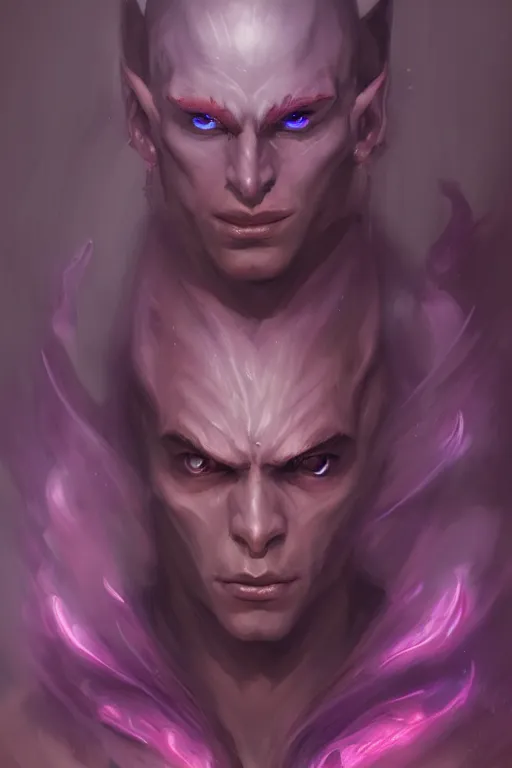 Prompt: djinn man male demon, portrait, full body character, concept art, purple cloak, single face, illustration, white spiral horns, single face, cinematic color grading, editorial photo, fashion, hyperrealism, realism, trending on artstation, Charlie Bowater, WLOP