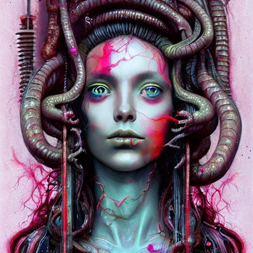 Image similar to portrait of medusa, cameras, melting ,8k,by tristan eaton,Stanley Artgermm,Tom Bagshaw,Greg Rutkowski,Carne Griffiths, Ayami Kojima, Beksinski, Giger,trending on DeviantArt,face enhance,hyper detailed,minimalist,cybernetic, android, blade runner,full of colour