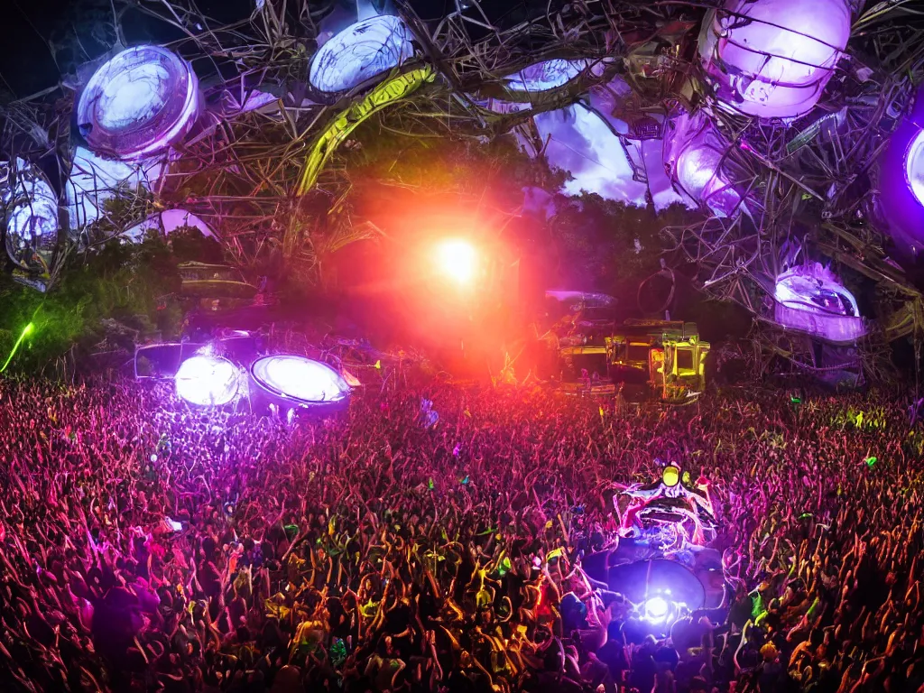 Image similar to a cyborg dj is playing a vast array of highly evolved musical technology on a stage surrounded by an incredible and complex circular robotic structure playing highly evolved music overlooking a crowd at a forest festival lit by fire