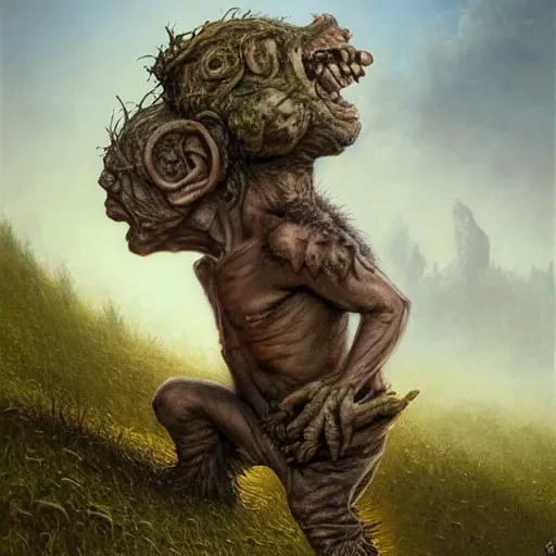 Image similar to portrait of a small goblin crawling out of a hovel on a hill side carrying a sack of body parts over his shoulder. art by tomasz alen kopera.