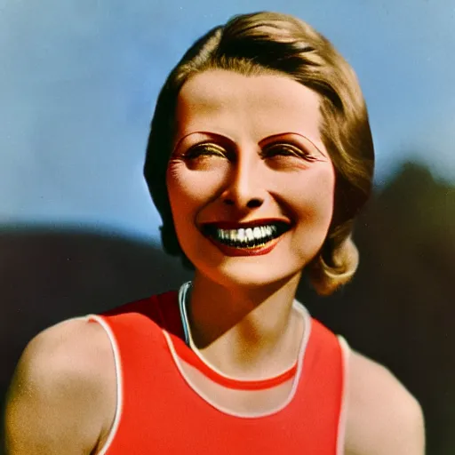 Image similar to a 1 9 2 8 color portrait. calm, happy, healthy, smiling, sporty, young, glowing greta garbo in athletic wear with big smile and healthy teeth. realistic, high quality.