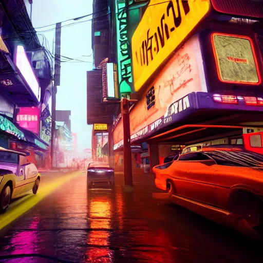 Image similar to a 3 d rendered in unreal engine guatemalan cyberpunk city with neon ads and signs with evocative dramatic mood with blade runner vibe with cars with motion blur with depth of field with bloom with lightshaft with volumetric lights, fog, by scott robertson, oscar winning graphics, photo realistic, bloom, imax, dynamic lighting, artstation,