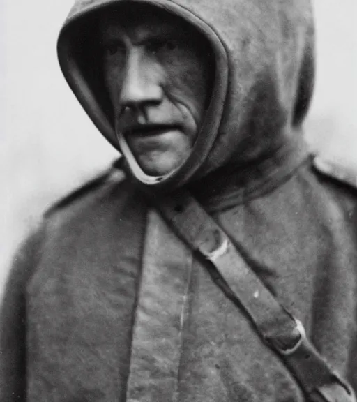 Prompt: a man at wearing iron full face hooded mask in distance, ww1 film photo, grainy, high detail, high resolution