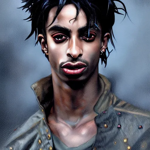 Image similar to dark fantasy character portrait of Playboi Carti as a vampire, dystopian mood, intricate, wild, highly detailed, digital painting, artstation, concept art, smooth, sharp focus, illustration, art by artgerm and greg rutkowski and alphonse mucha