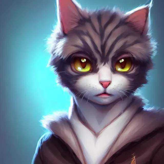 Image similar to character concept art of a young male anthropomorphic furry cat | | cute - fine - face, pretty face, key visual, realistic shaded perfect face, fine details by stanley artgerm lau, wlop, rossdraws, james jean, andrei riabovitchev, marc simonetti, and sakimichan, trending on artstation