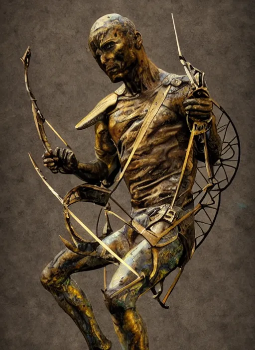 Image similar to An epic fantastic realism comic book style painting of a distressed bronze archery sculpture from the future by Stanislaw Szukalski, gilded colorful marbled paper background, winged archer, fisheye lens, unreal 5, DAZ, hyperrealistic, octane render, dynamic lighting