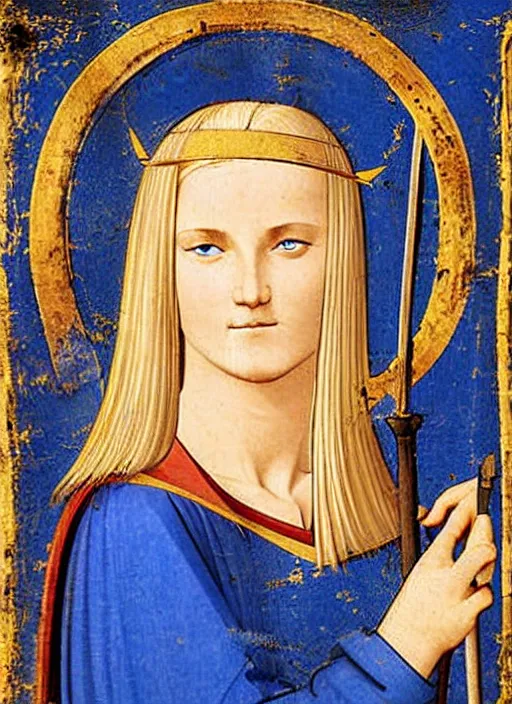 Prompt: young woman in medieval clothing, blue eyes and blond hair, a ribbon in her hair, armed with a sword. art by giotto,