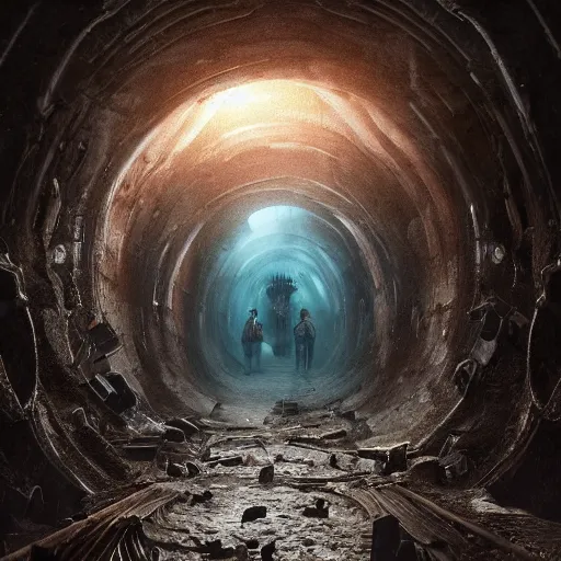 Image similar to tunnel full of monsters, epic, hyperrealistic photograph of the edge of time, dim volumetric lighting, 8 k, octane beautifully detailed render, extremely hyper detailed, intricate, epic composition, cinematic lighting, masterpiece, trending on artstation, very very detailed, stunning, hdr, smooth, sharp focus, high resolution, award, winning photo, dslr, 5 0 mm