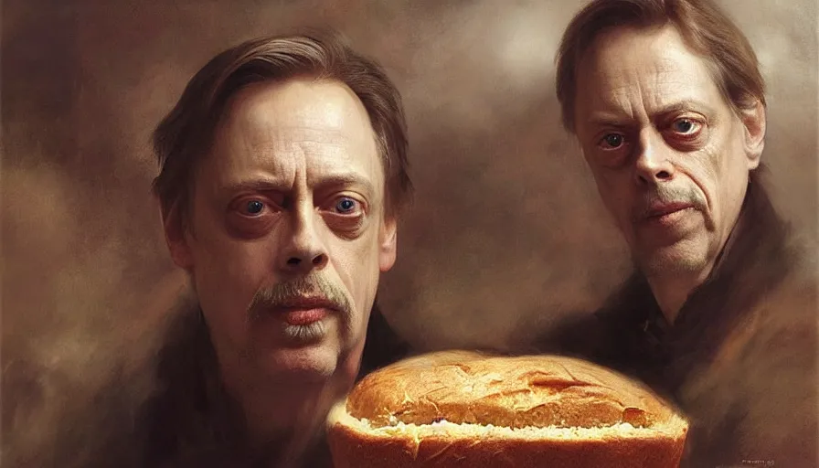 Image similar to beautiful portrait of steve buscemi in a loaf of bread, art by anders zorn, wonderful masterpiece by greg rutkowski, beautiful cinematic light, american romanticism thomas lawrence, greg rutkowski