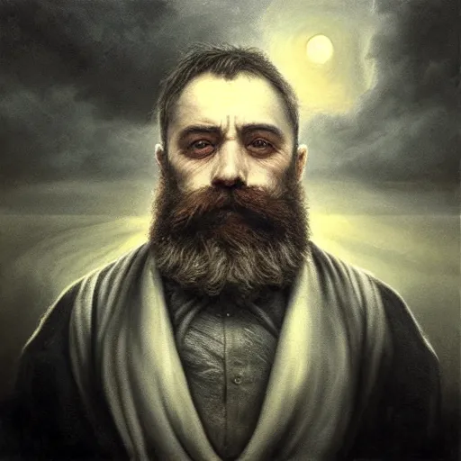 Image similar to By Tom Bagshaw, ultra realist soft painting of gloomy universe by night, silly Dwarf smile beard, symmetry accurate features, very intricate details, ominous sky, black and white, volumetric light clouds