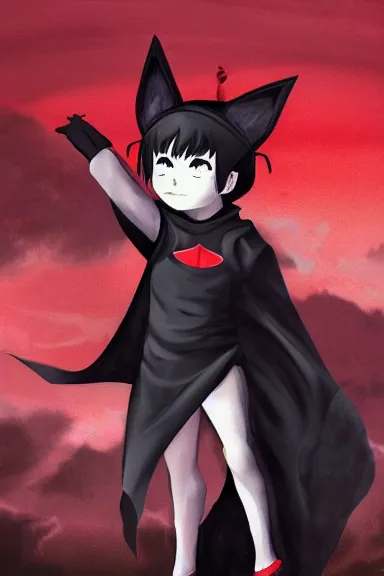 Image similar to little boy with cat ears in an black outfit with red cape. digital artwork made by lois van baarle and kentaro miura, sharpness focus, inspired by hirohiko araki, anatomically correct, heroic composition, hero pose, smooth, nightclub