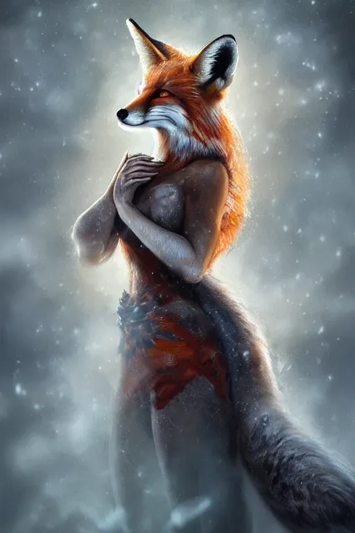 Image similar to majestic and regal portrait of a beautiful young female fox lady!!, fox ears, tail, intricate, epic, elegant, menacing, fantasy, highly detailed, digital painting, hard focus, beautiful volumetric lighting, epic light, ultra detailed, souls, smoke, by leesha hannigan, ross tran, thierry doizon, kai carpenter, ignacio fernandez rios