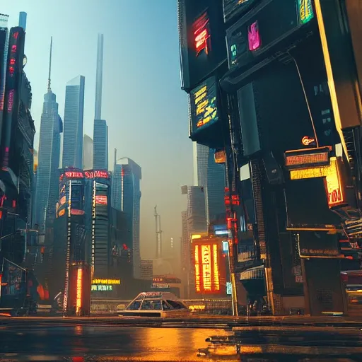 Image similar to cyberpunk cityscape like tokyo newyork street with tall buildings at dusk golden hour cinematic lighting, epic composition. A golden daylight, hyper-realistic environment. Hyper and intricate detail, photo-realistic. Cinematic and volumetric light. Epic concept art. Octane render and Unreal Engine, trending on artstation-H 768