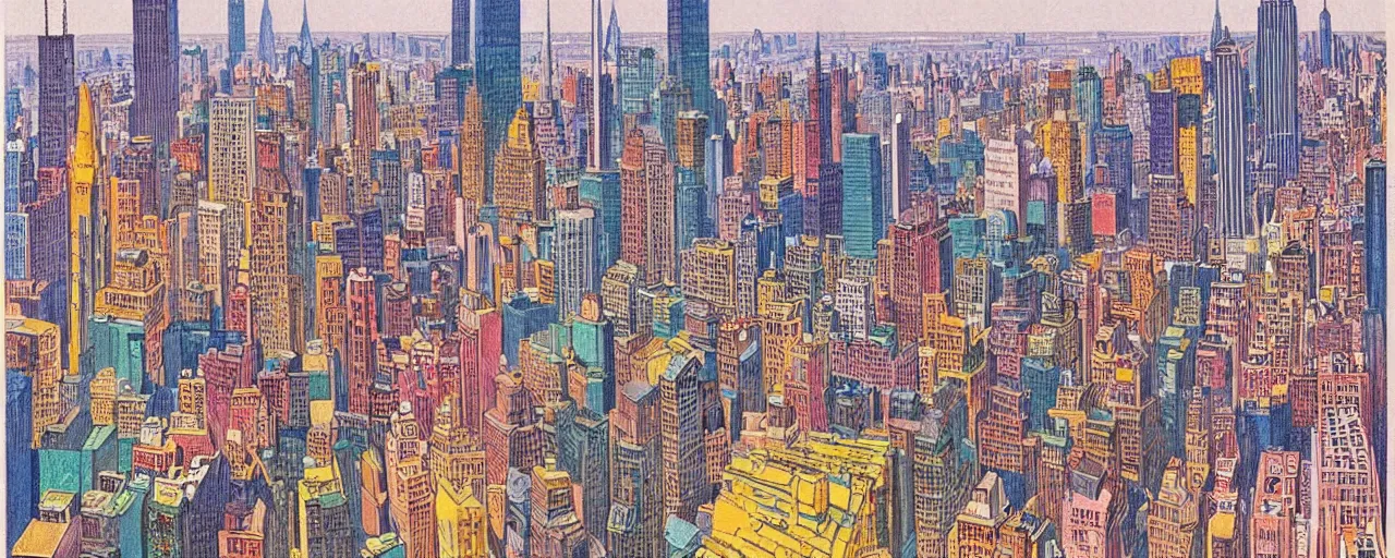 Image similar to a 2D drawing of new York in 1980s, colorful and beautiful by hiroshi yoshida