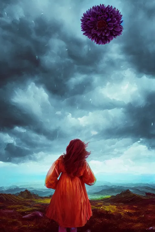 Image similar to closeup girl with giant dahlia flower as head, standing on mountain, surreal photography, blue storm clouds, dramatic light, impressionist painting, digital painting, artstation, simon stalenhag