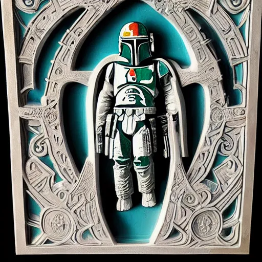 Prompt: intricate colorfully painted carved soapstone relief paneling, white and pale blue, celestial, ghostly, cathedral, insanely detailed, depiction of boba fett