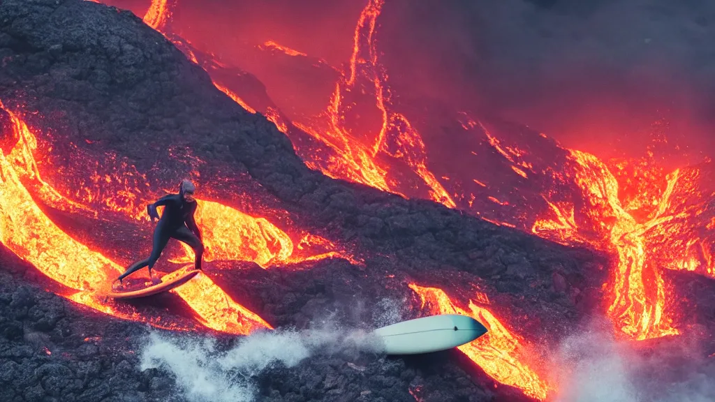 Image similar to medium shot of a person wearing a sponsored jersey surfing down a river of lava on the side of a volcano on surfboard, action shot, dystopian, thick black smoke and fire, sharp focus, cinematic, imax