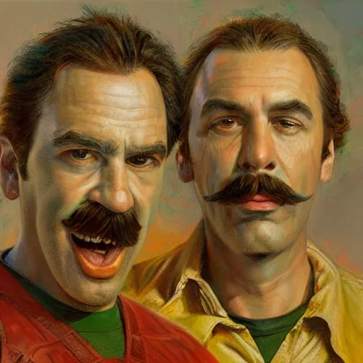 Image similar to a realistic portrait of mario and luigi in the style of donato giancola