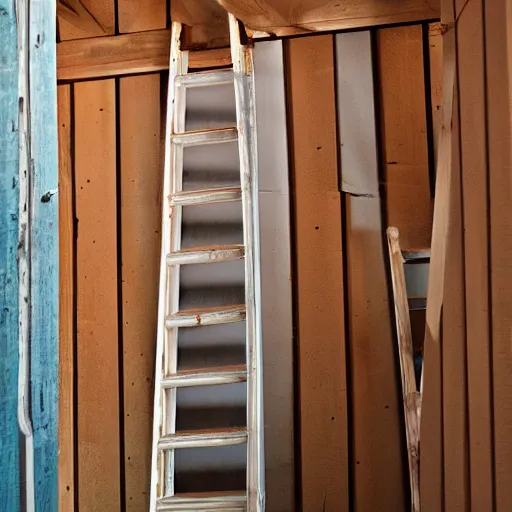 Prompt: photo of a ladder in a shed leading down to a bedroom portal dimension