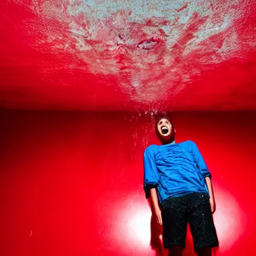 Image similar to music makes a young man suffer in a red room with water on the ceiling