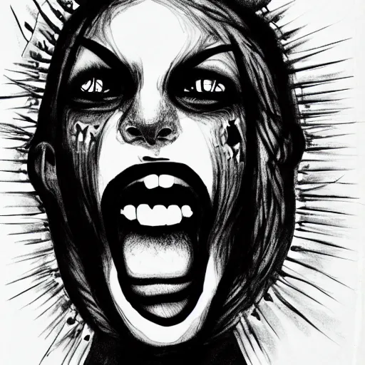 Prompt: portrait of crazy eyed model screaming black ink on paper