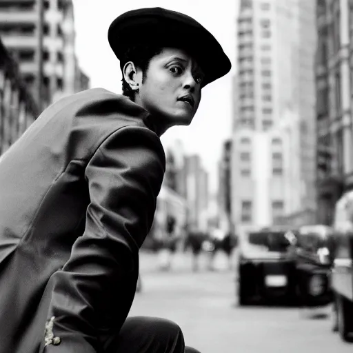 Image similar to bruno mars with a beret in a retrofuturistic city, retro futuristic fashion, photography award winning,