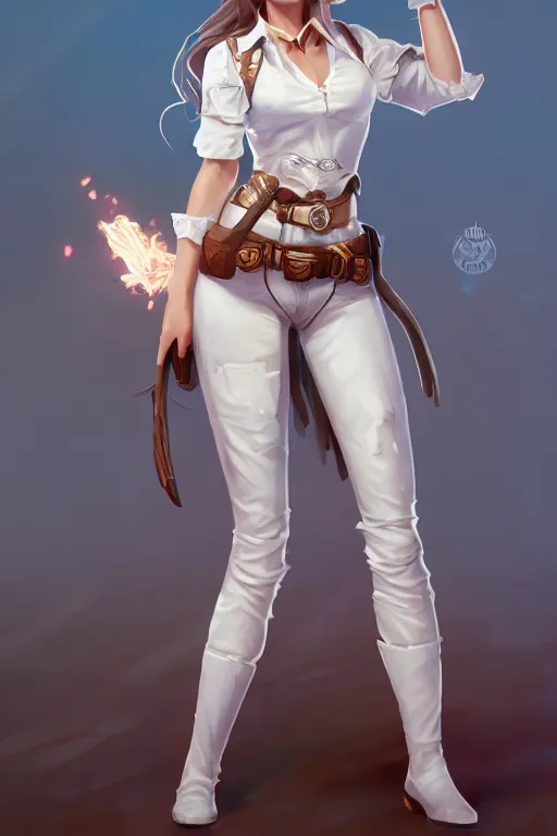 Image similar to full body, female cowgirl, perfect face, white blouse, holster, 8 k, magic the gathering, desert, d & d, artstation, high detail, smooth, sweaty character concepts by senior concept artist