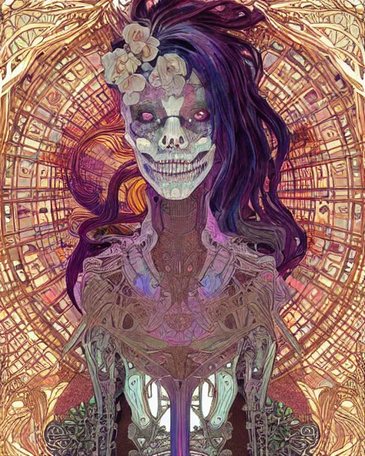 Prompt: glitch art bionic skeleton ghost, glitches, vaporwave, highly detailed, very intricate, art nouveau, filigree, romantic storybook fantasy, harsh lighting, award - winning, disney concept art watercolor illustration by mandy jurgens and alphonse mucha and alena aenami, glitch color palette, featured on artstation