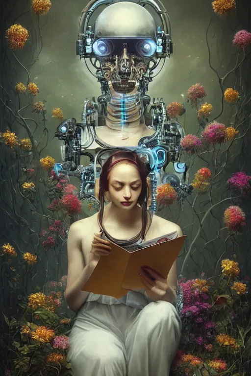 Image similar to a beautiful intricate fine art portrait photo of a happy futuristic cybernetic cyborg reading a letter, by tom bagshaw and anna dittman, perfection!, studio lighting, golden ratio composition, 5 0 mm lens, bionic robot overgrown with flowers, cybernetic scifi, deep depth of field, artstation, 8 k