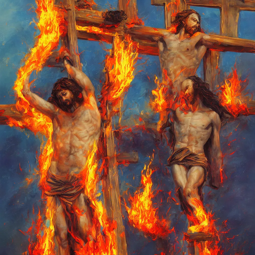 Image similar to Concept art of flaming Jesus on the cross, trending on artstation, oil on canvas, vivid color, ultra detailed.