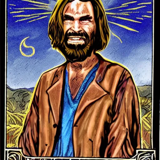 Image similar to ryder waite tarot card depicting charles manson