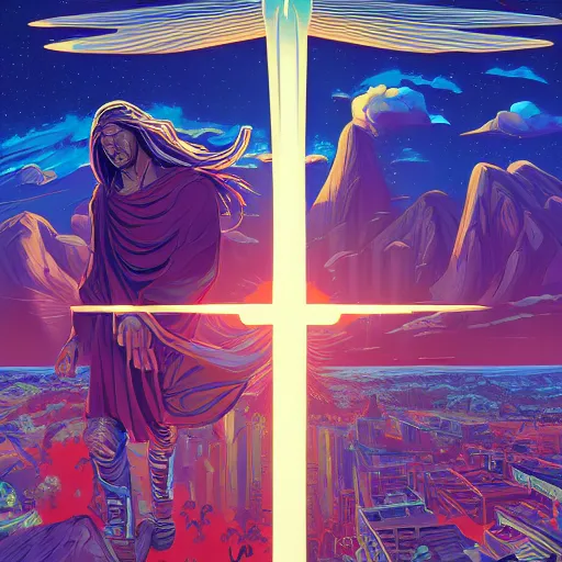 Prompt: the second coming of suppy side jesus by dan mumford, yusuke murata, makoto shinkai, ross tran, cosmic, heavenly, god rays, intricate detail, cinematic, 8 k, cel shaded, unreal engine, featured on artstation, pixiv