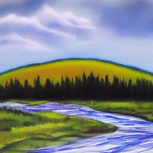 Prompt: Cloudy landscape, painted by Bob Ross