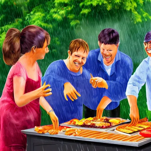 Prompt: portrait of people doing bbq under heavy rain, ultra realistic face detailed eyes