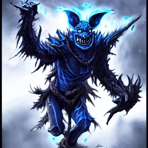 Image similar to a highly detailed goblin with grey skin and blue eyes that glow, made of wind, like magic the gathering, goblin chainwalker,, digital art, by christopher rush