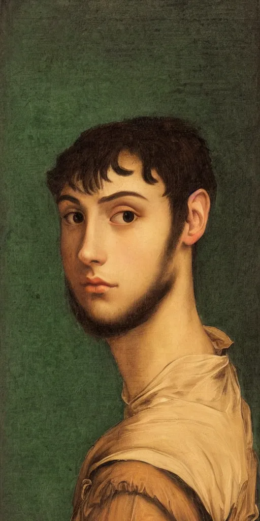 Prompt: a Spanish teenage boy with dark hair and green eyes, sharp jawline with a light beard, done in the style of a renaissance royal portrait