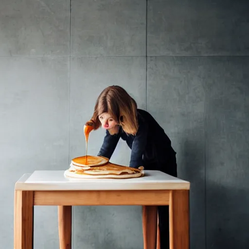 Image similar to a beautiful girl cooks delicious pancakes in a minimalist kitchen with white walls, a red oak table.